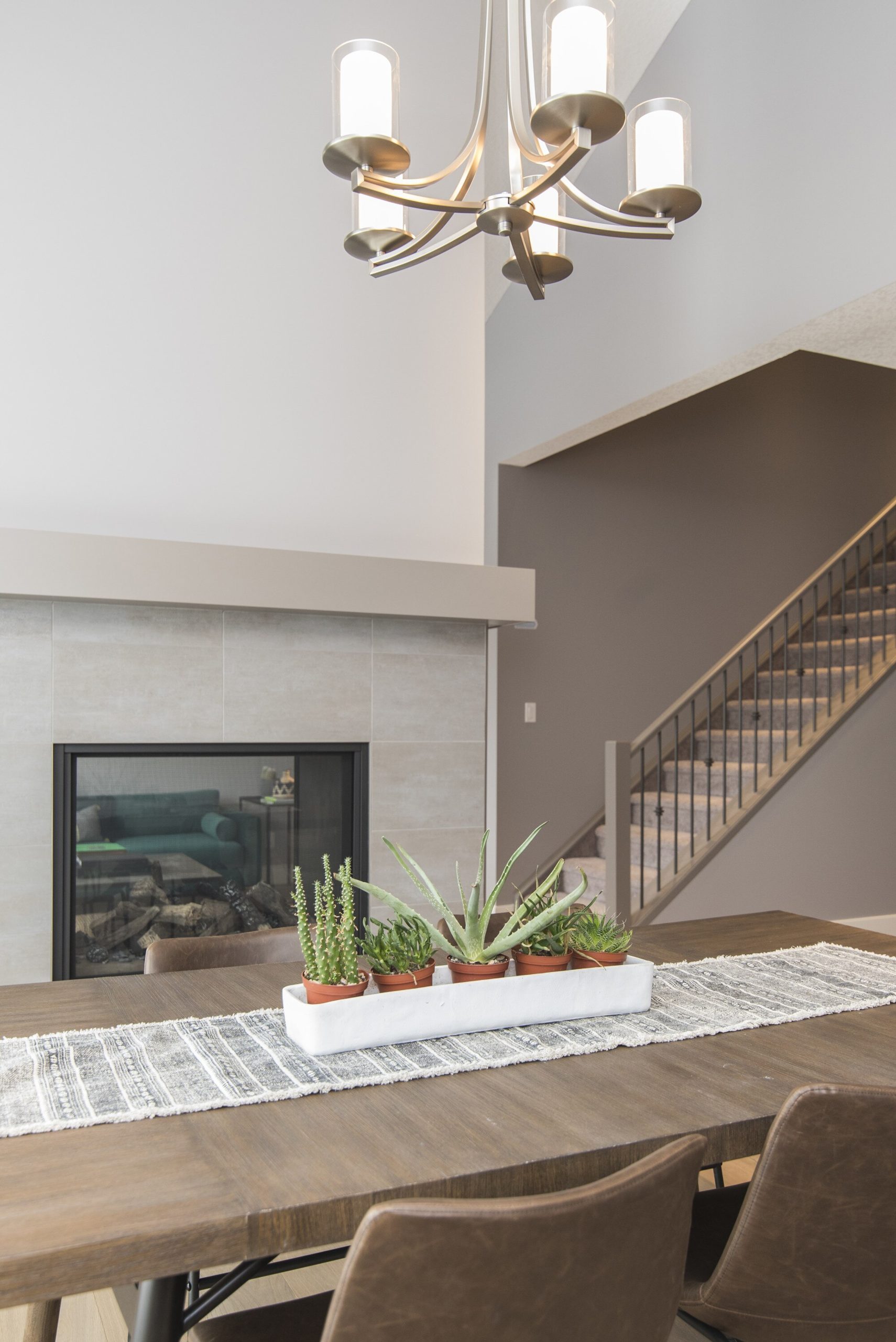 Beautiful shot of a modern house dining room with plants and a fireplace
